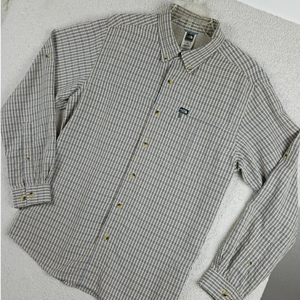 The North Face Plaid Button Down Shirt Men Medium Blue Tan Roll Tab Hiking Modal